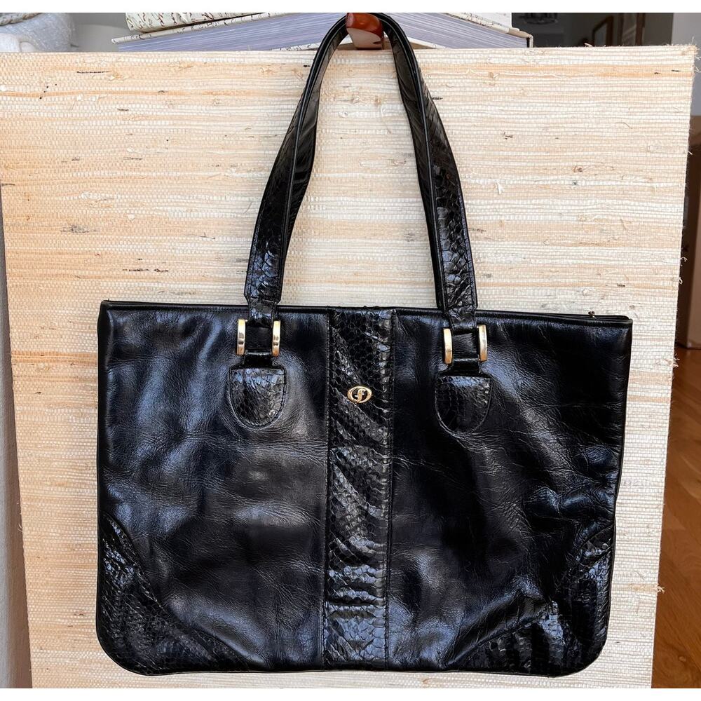 Carlo Fiori Vintage‎ Black Leather Snakeskin Trim Tote Bag Gold Hardware Attaché